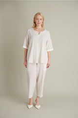 Women's A Pleated V-Neck Ecru Linen Blouse - Swordslife