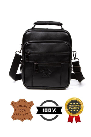 Herren-Hand- und Schultertasche aus schwarzem Echtleder mit Stahlgehäuse und Geldbörse aus echtem Leder, 100 % Echtleder