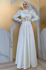Women's Ecru Belted Pleated Detailed Satin Evening Dress T 2973 - Swordslife