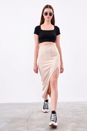 Women's Beige Color Camisole Fabric Side Deep Slit Skirt - Swordslife