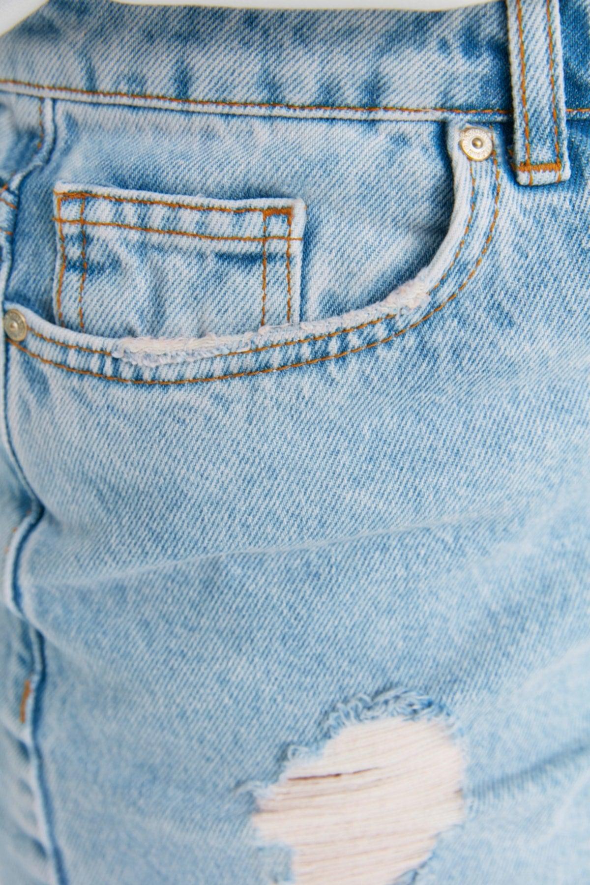 Blue High Waist Destroyed Denim Shorts & Bermuda TBBSS22SR0165 - Swordslife