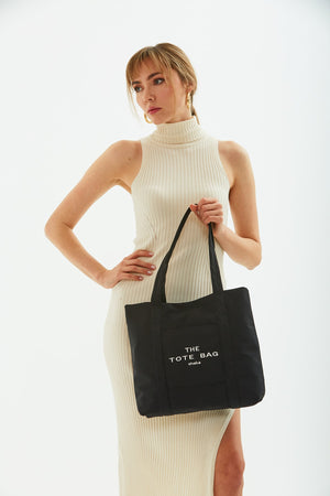 Black U46 Snap Closure Front Pocket Detailed Tote Bag Embroidered Canvas Women'S Arm And Shoulder Bag U:30 E