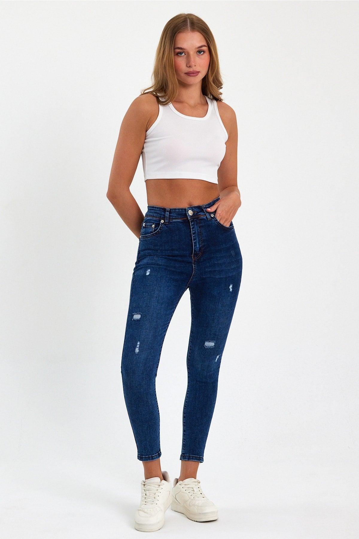 Mary Laser Detail Blue High Waist Slimming Skinny Jean - Swordslife