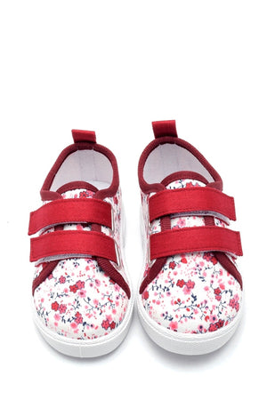 Floral Patterned Double Velcro Linen Children'S Sports Shoes-Burgundy-F-498