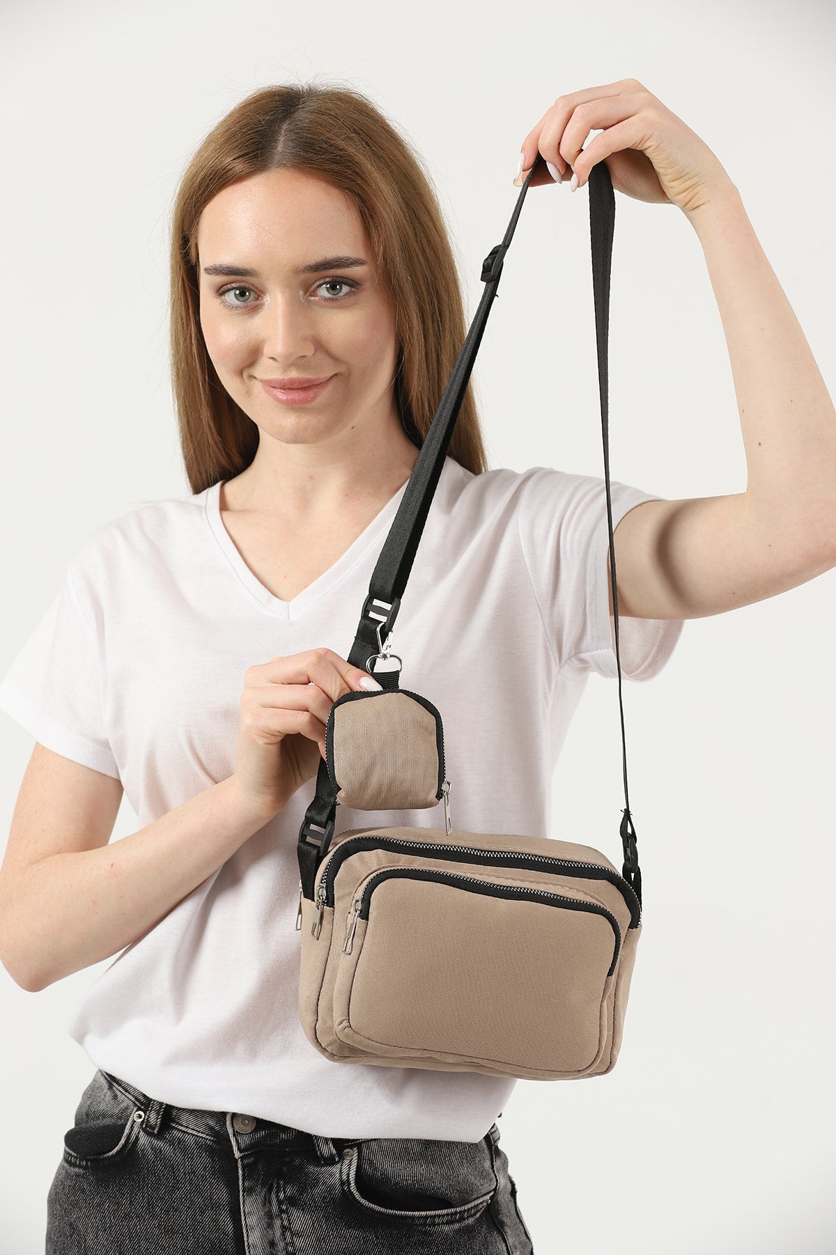 Mink U4 Canvas Women'S Cross Shoulder Bag With 2 Compartments And Wallet With Adjustable Strap B:17 E:22 G:12