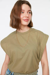 Khaki 100% Cotton Wadding Look Basic Crew Neck Knitted T-Shirt TWOSS20TS0021 - Swordslife
