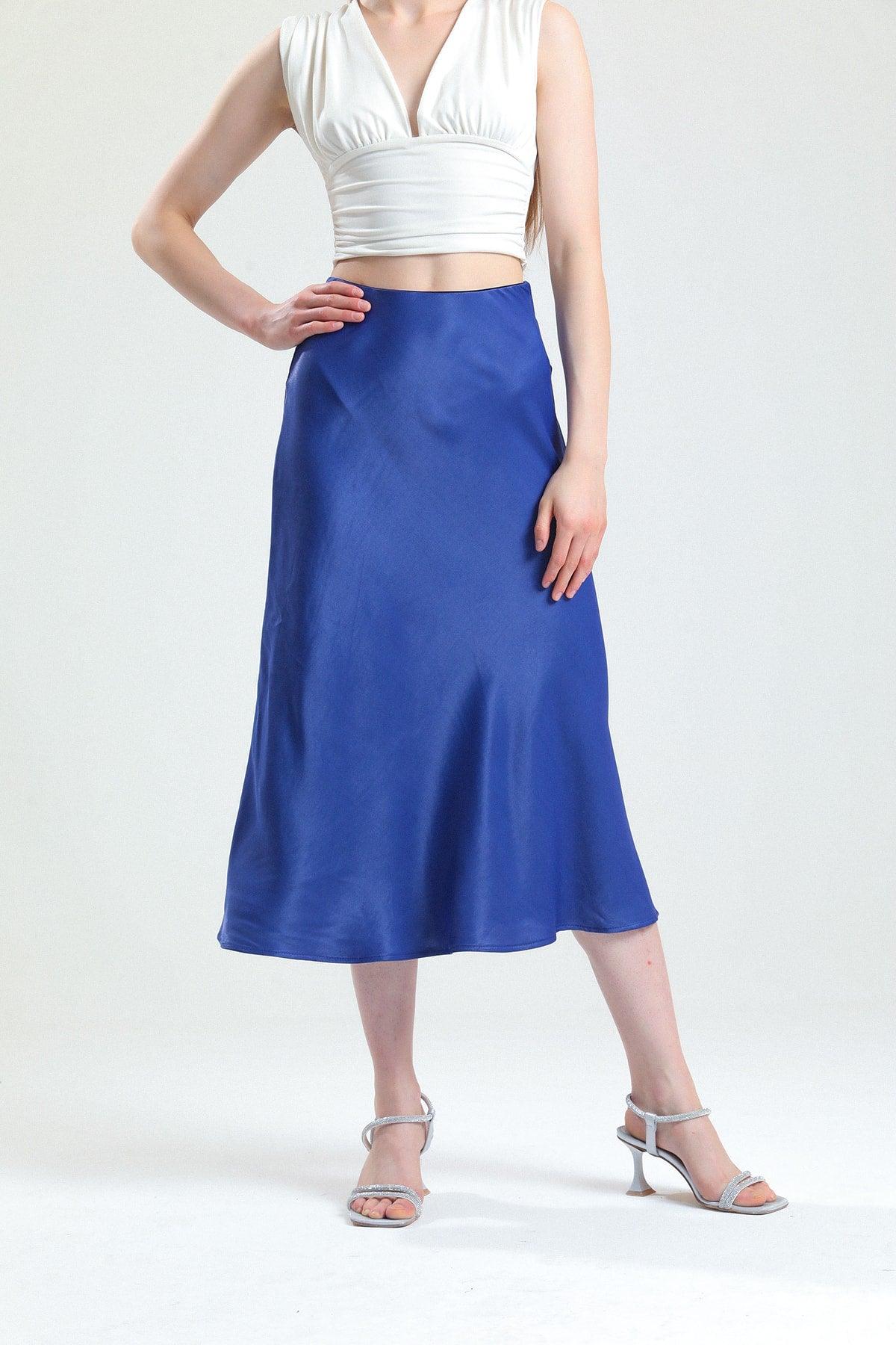 Summer Oblique Viscose Satin Fabric Navy Blue Midi Length Skirt - Swordslife