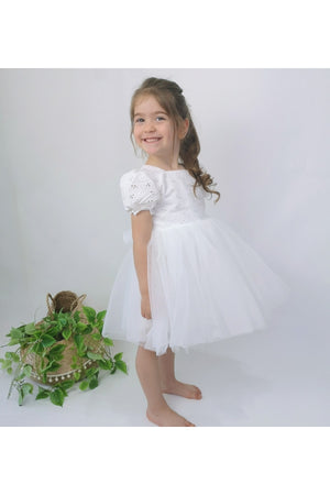 Weißes Kinderkleid mit Tutu und Wassermelonenärmeln, bestickt (Produktbeschreibung unbedingt lesen)