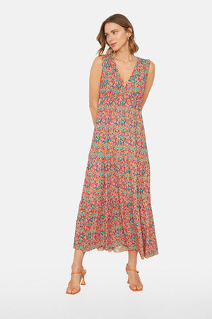 Multi Colored Floral Pattern V Neck Sleeveless A-Line Maxi Knitted Dress TWOSS22EL1588 - Swordslife