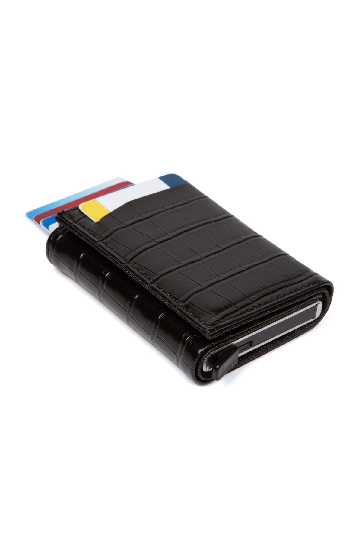 Unisex Leather Aluminum Mechanism Sliding Card Holder Wallet With Paper Money Compartment