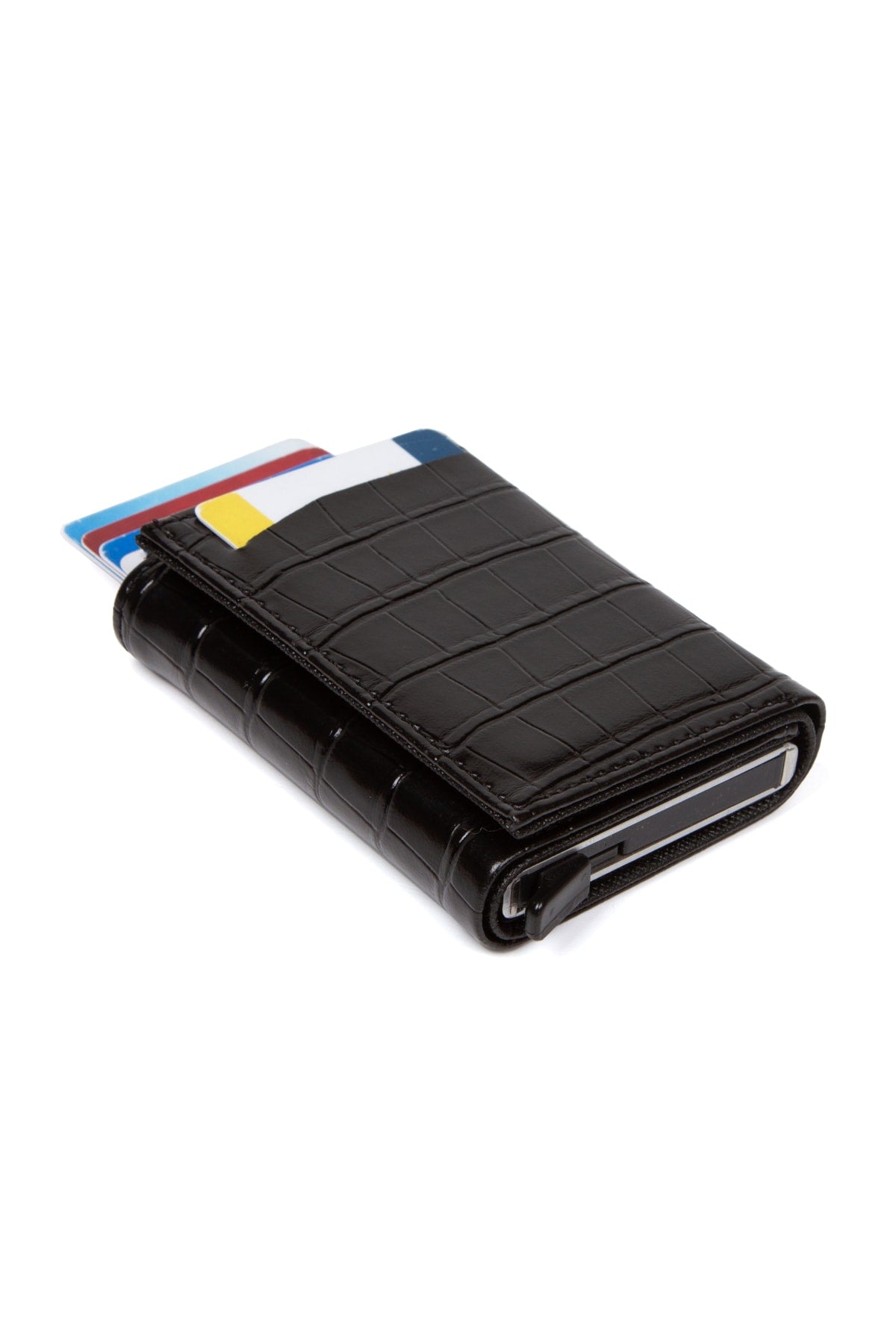 Unisex Leather Aluminum Mechanism Sliding Card Holder Wallet With Paper Money Compartment