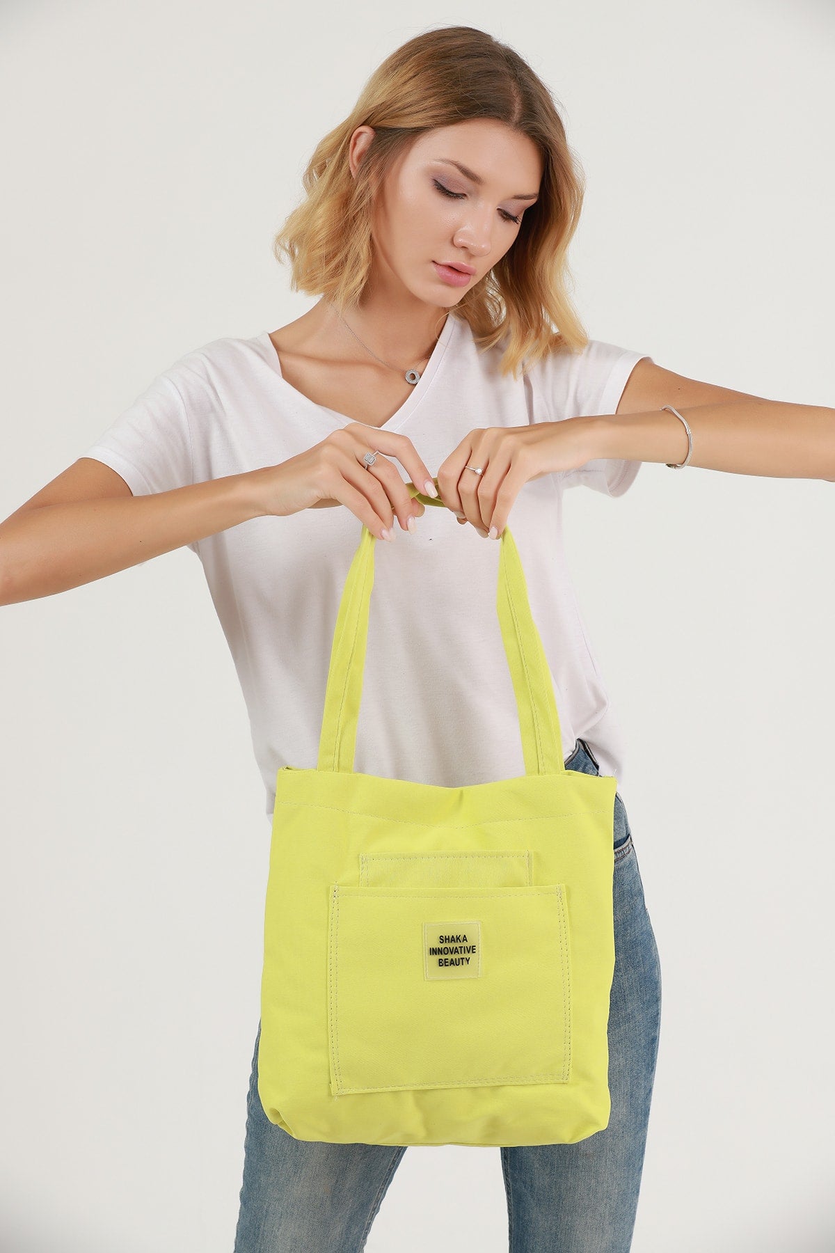 Yellow U22 3-Compartment Front 2 Pocket Detailed Canvas Fabric Daily Women'S Arm And Shoulder Bag B:35 E:35