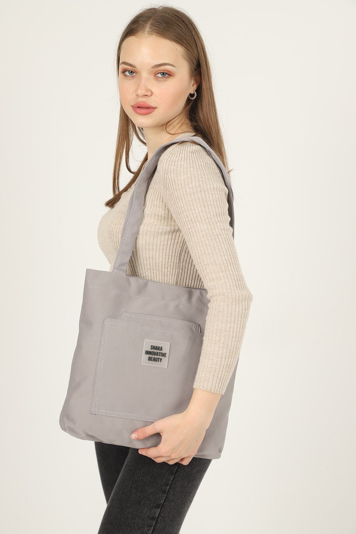 Gray U22 3-Compartment Front 2 Pocket Detailed Canvas Fabric Daily Women'S Arm And Shoulder Bag B:35 E:35