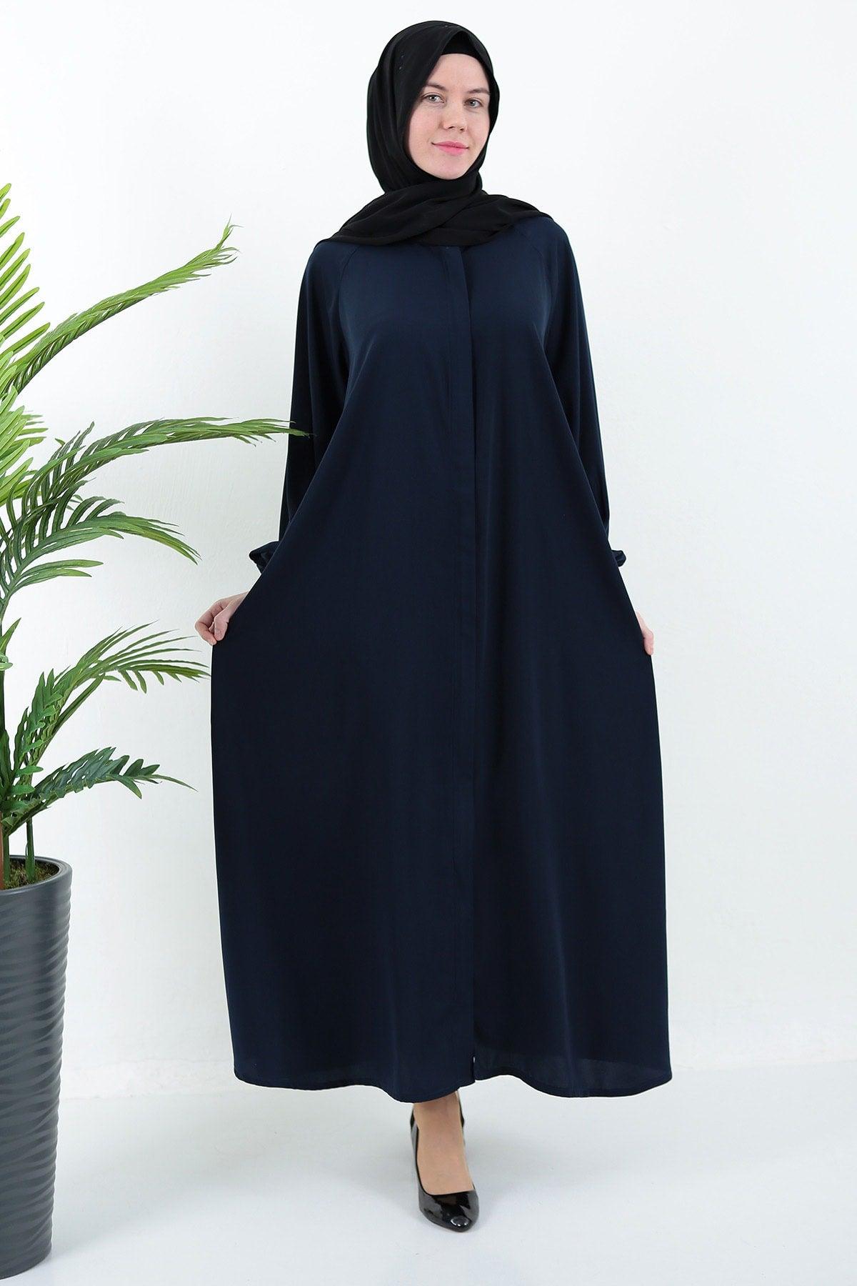 Navy Blue Zippered Belted Pocket Abaya Hijab - Swordslife