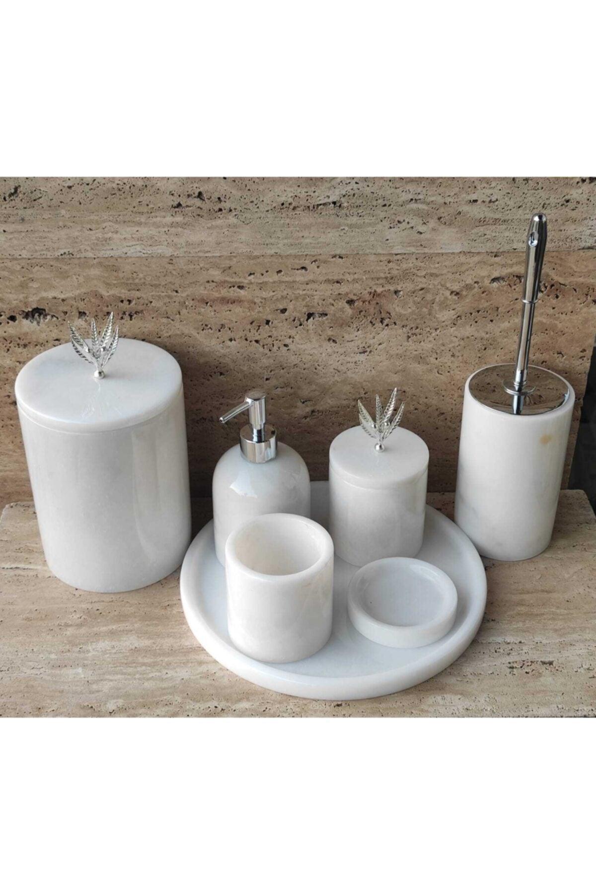 White Marble Silver Olive Branch Accessory 7 Pcs Bathroom Set - Swordslife