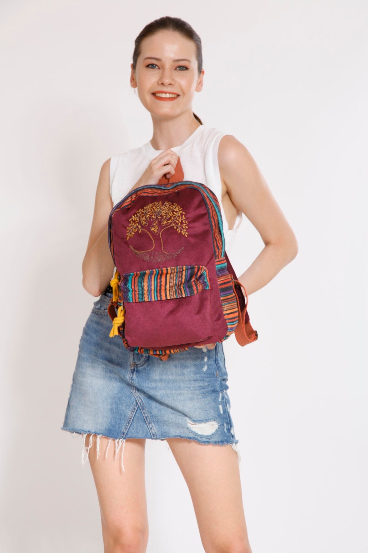 Ethnic Authentic Bohemian Backpack With Tree Of Life Embroidery