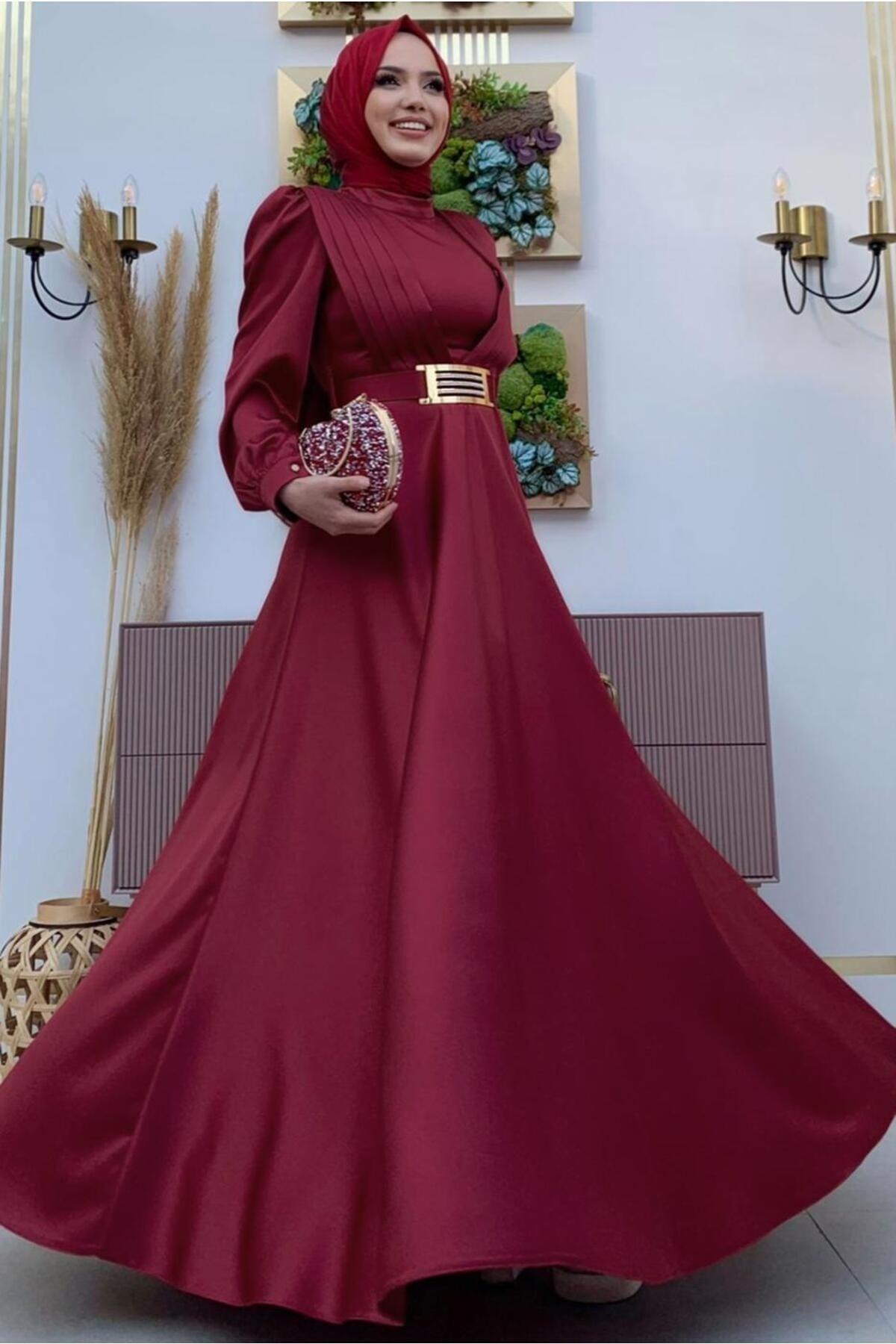 Women's Claret Red Belted Pleated Detailed Satin Evening Dress T 2973 - Swordslife
