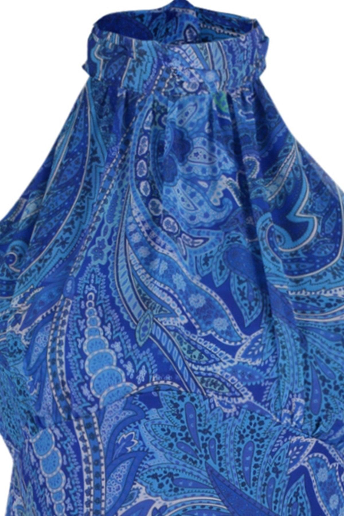 Blue Stand Up Collar Printed Dress TWOSS23EL02293 - Swordslife