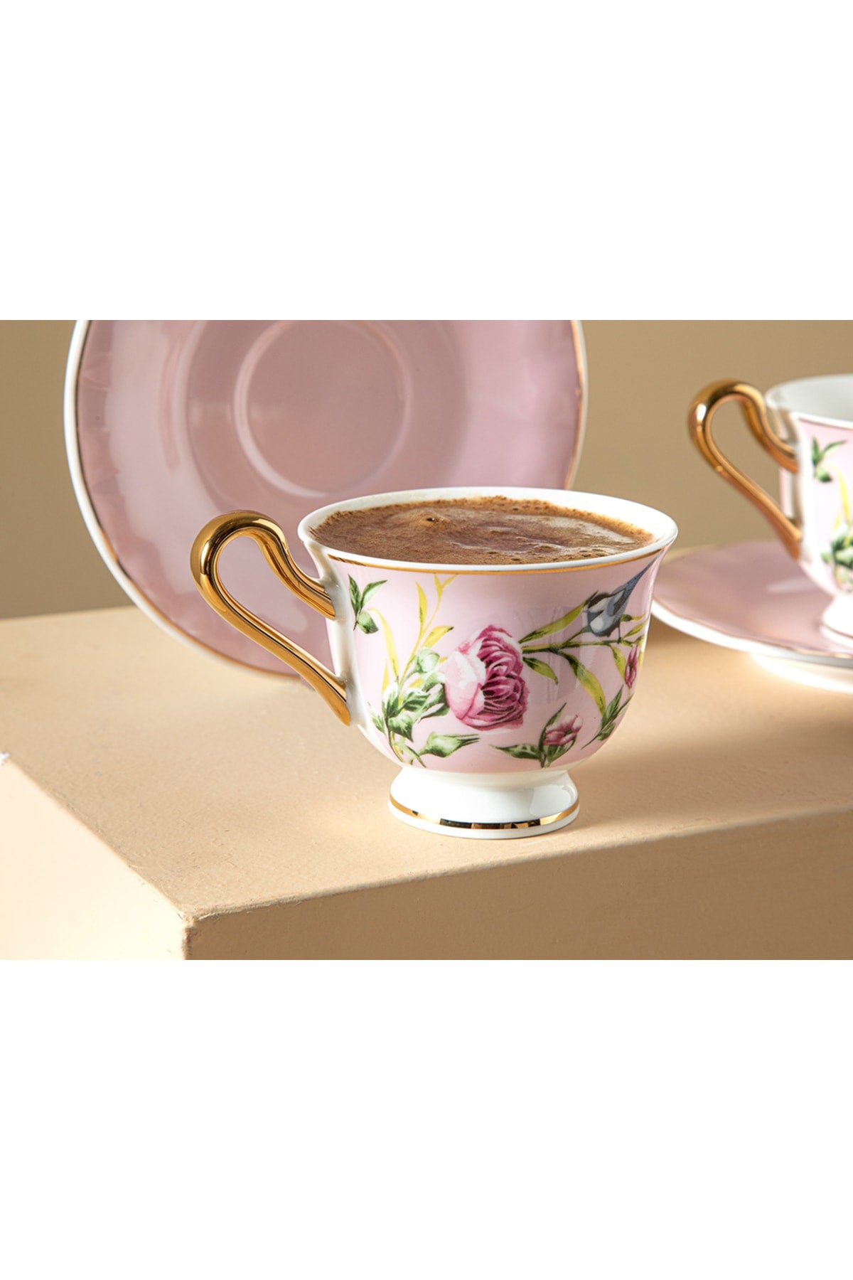 Vanilla New Bone China 4 Piece Coffee Cup Set for 2 Persons 90 Ml Light Pink