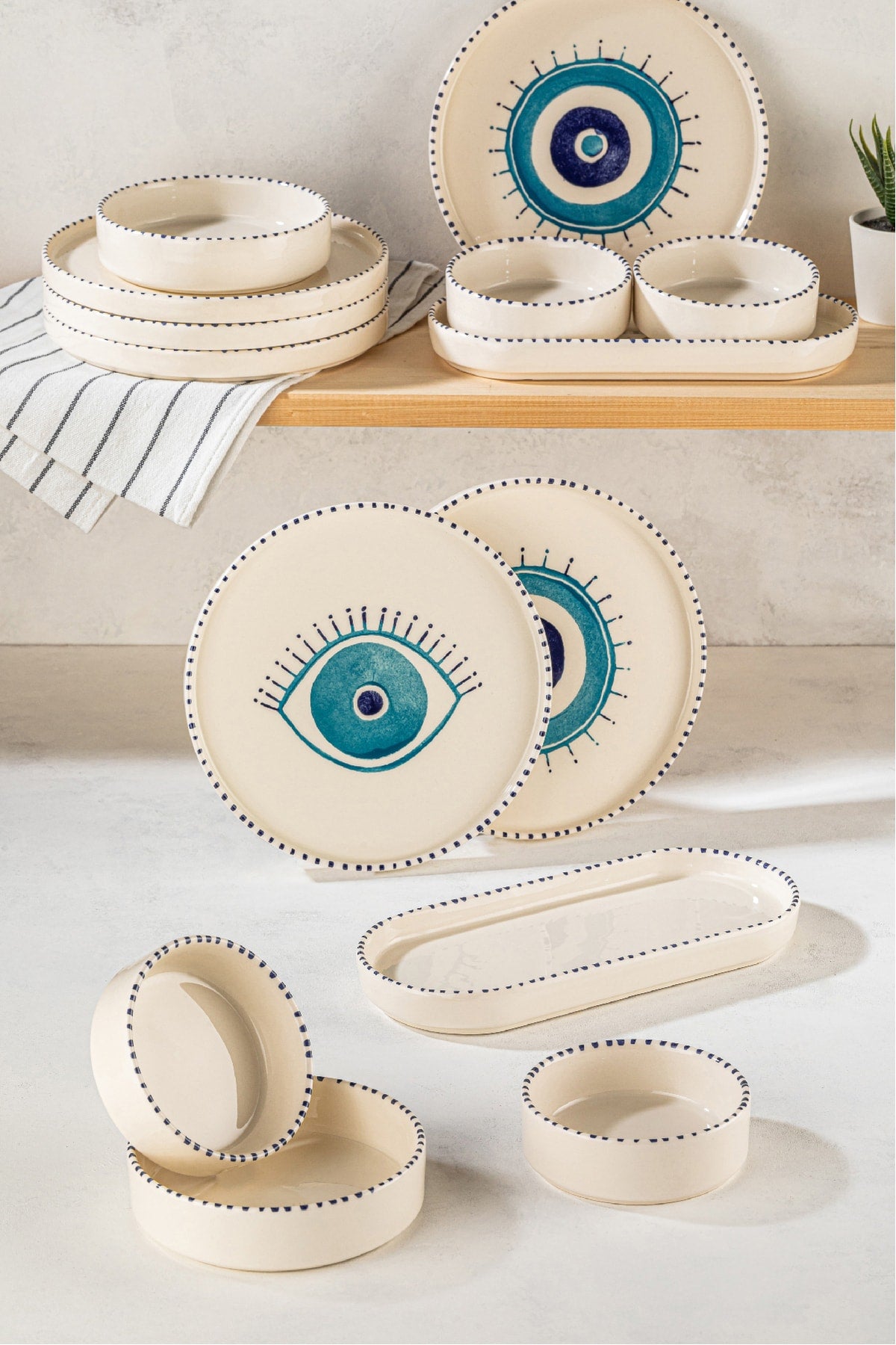 Nazar 14 Pieces Stackable Breakfast Set For 6 People - Luxurious Breakfast Serving Set Plate