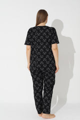 Black Teddy Bear Patterned Curve Large Size Oversized Short Sleeve Cotton Pajamas Set - Swordslife