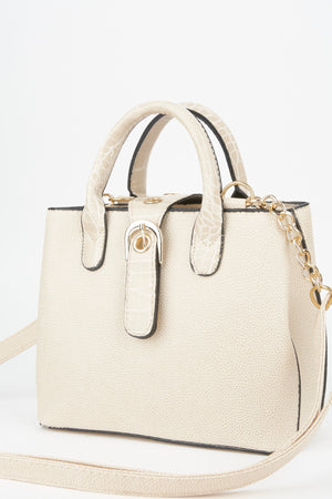 Cremefarbene Hand- und Schultertasche mit Kroko-Griffriemen und 2 Fächern sowie Druckknopf-Reißverschluss für Damen