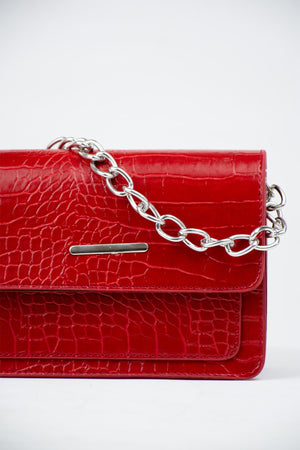Rote Clutch Baguette mit Kettenriemen für Damen mit Krokodilmuster