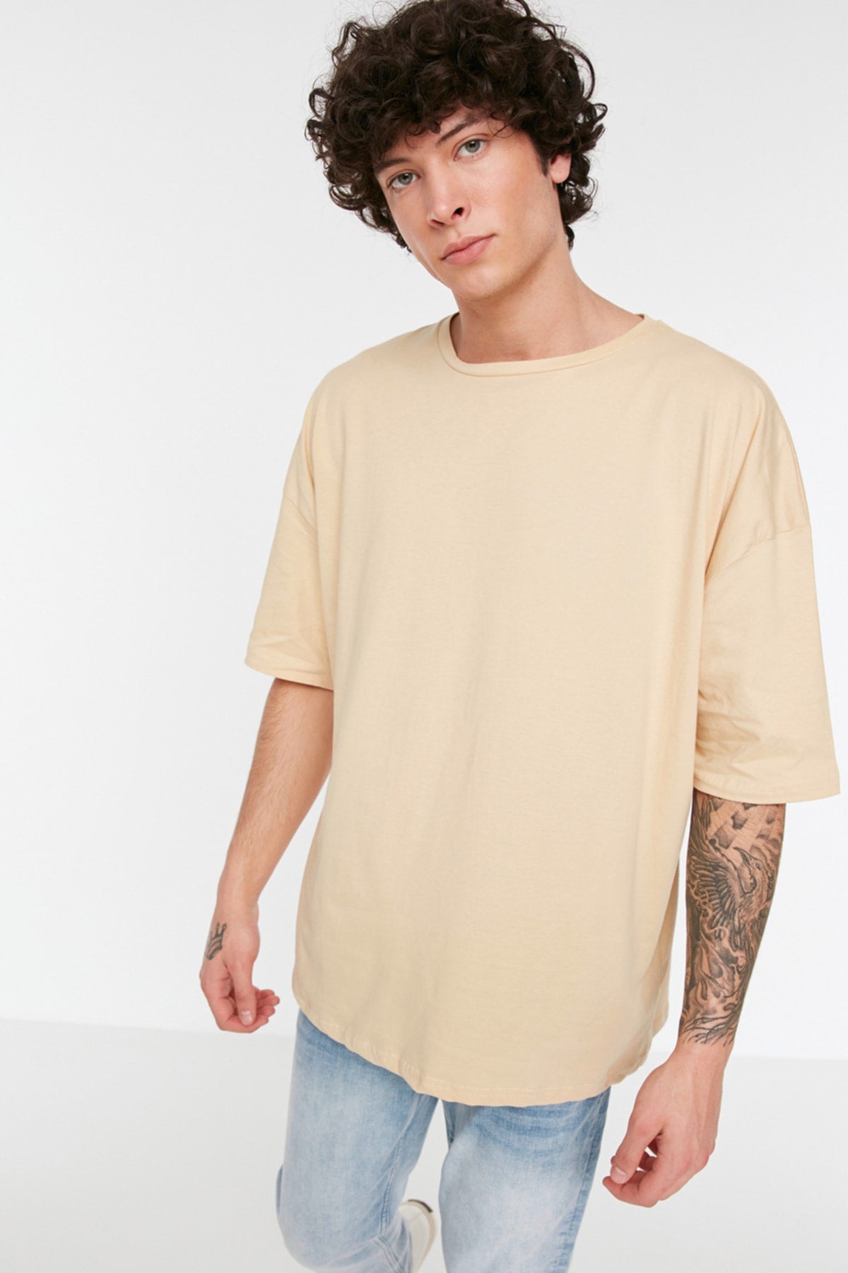 Beige Herren Basic 100% Baumwolle Rundhals Oversize Kurzarm T-Shirt Tmnss22Ts0318