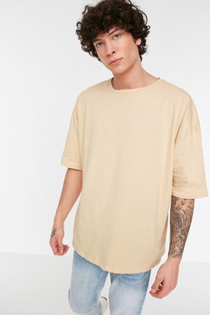 Beige Herren Basic 100% Baumwolle Rundhals Oversize Kurzarm T-Shirt Tmnss22Ts0318