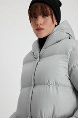 Women's Gray Monica Regular Fit Long Front Button Filled Waterproof Fabric Hooded Coat Tbg094 - Swordslife
