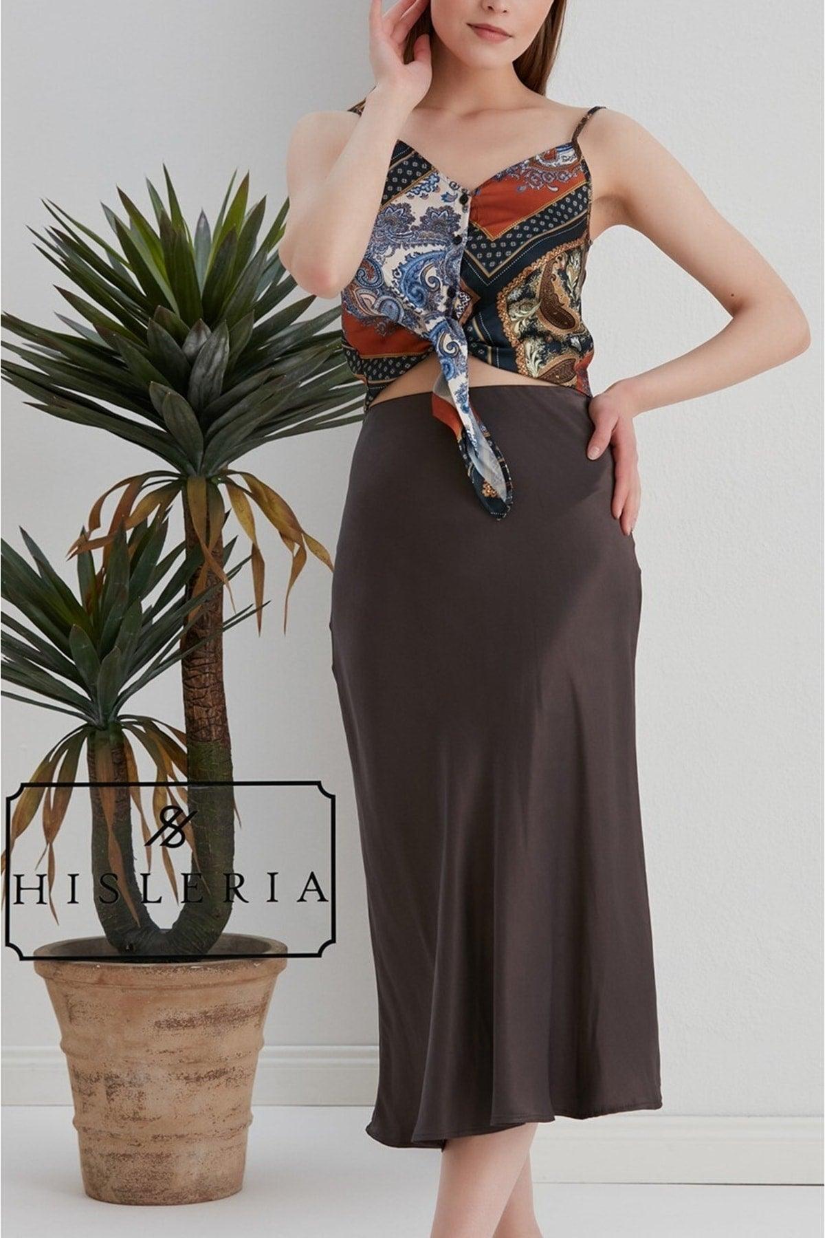 Verev Viscose Satin Fabric Bitter Brown Midi Length Skirt - Swordslife