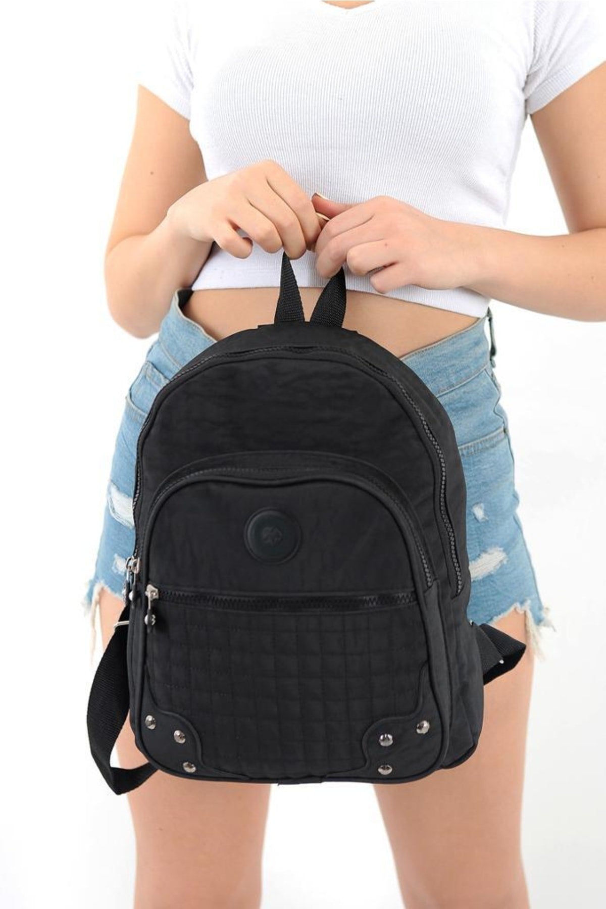 Unisex-Rucksack und Schultasche aus schwarzem Crinkle-Stoff, wasserdicht und schmutzabweisend