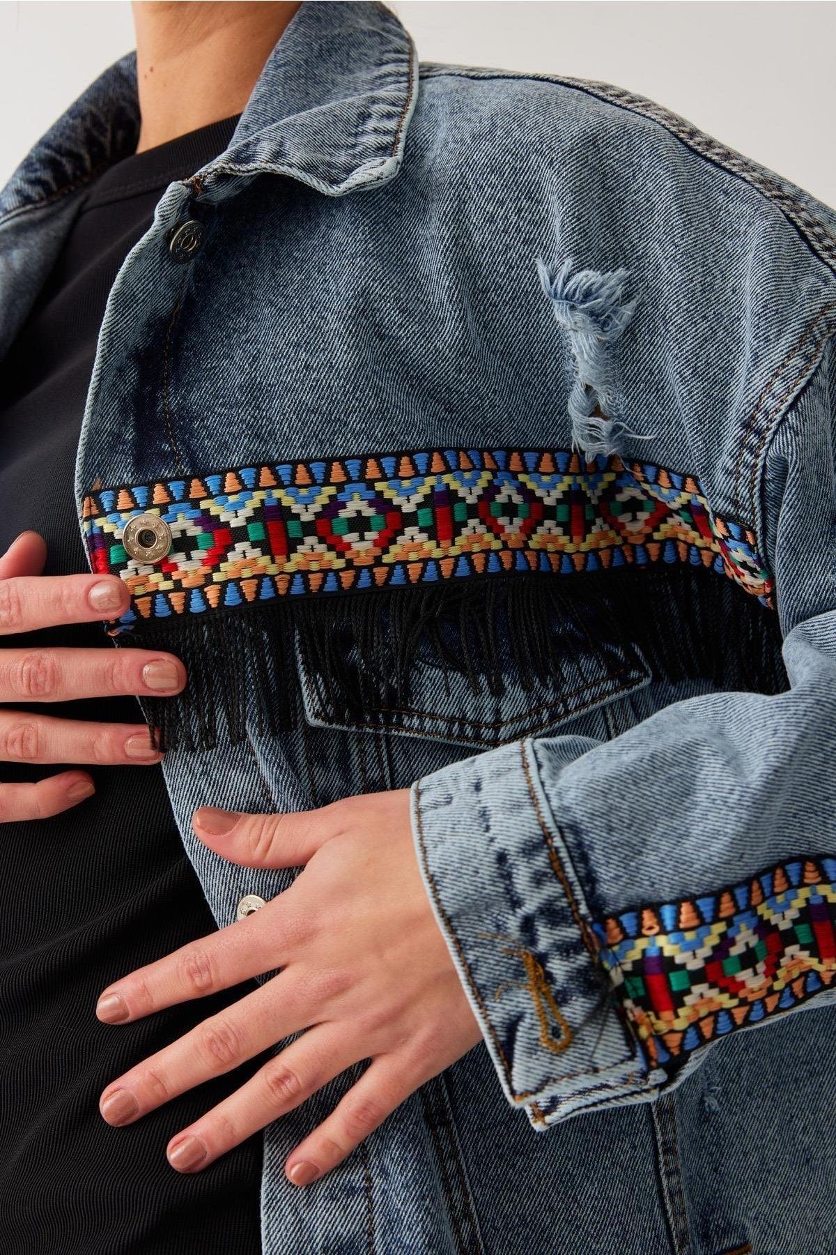 Ethnic Patterned Tasseled Oversize Pocket Denim Jacket - Swordslife