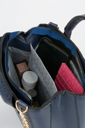 Damen-Hand- und Schultertasche mit Kroko-Griff, 2 Fächern, Druckknopf-Reißverschluss und Riemen in Marineblau