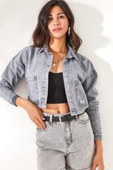 Women's Gray Double Pocket Crop Denim Jacket CKT-19000345 - Swordslife