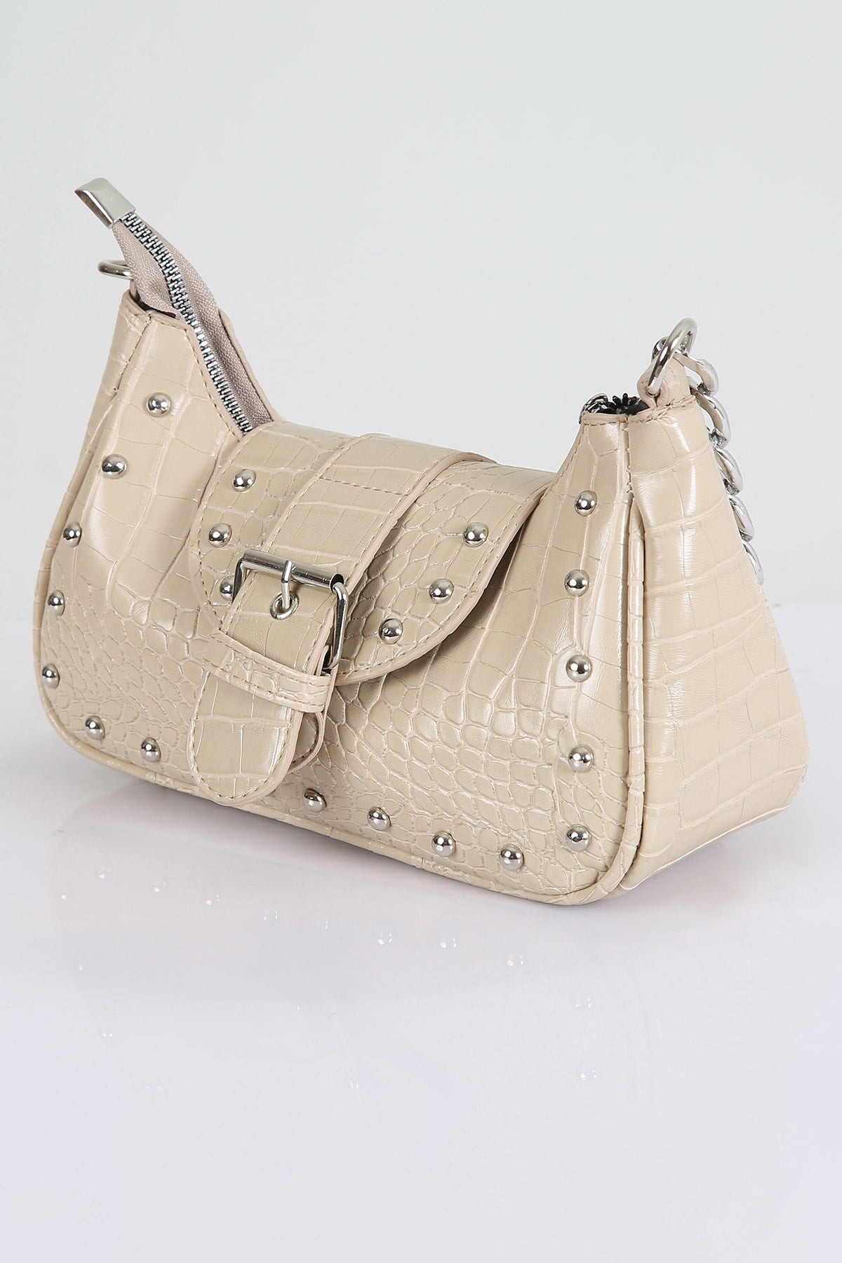 Crocodile Patterned Mink Handbag with Bony Staples