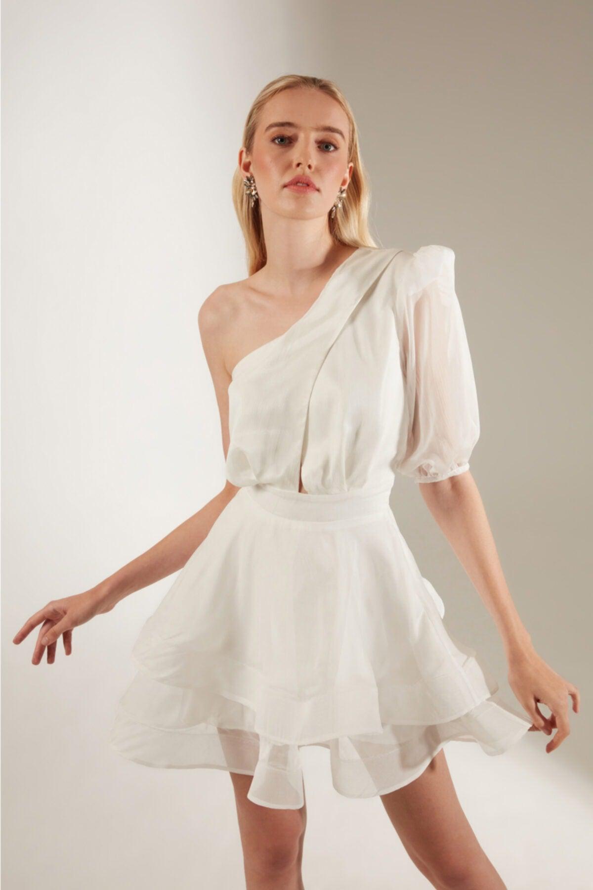 One Sleeve White Chiffon Ruffle Dress - Swordslife