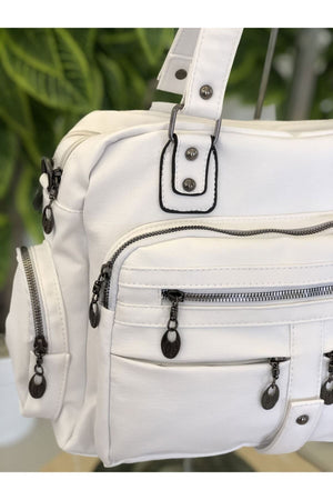 Damen-Schulter- und Handtasche aus weißem Waschleder mit mehreren Fächern