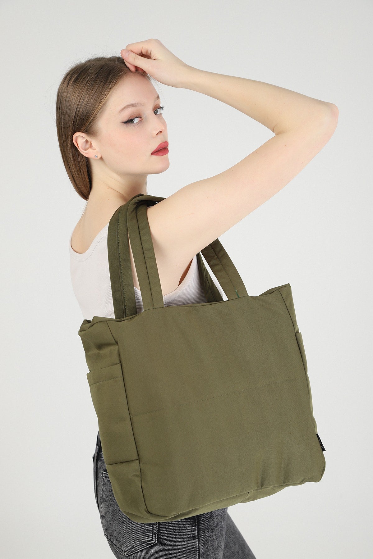 Khaki Green U25 3-Compartment Side 2 Pocket Detailed Zipper Closure Canvas Women'S Arm And Shoulder Bag B:35 E
