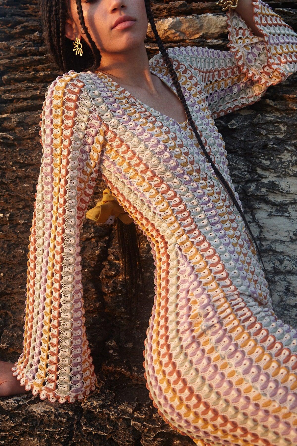 Sunset Dress - Women's Crochet Knit Long Sleeve Dress - Swordslife