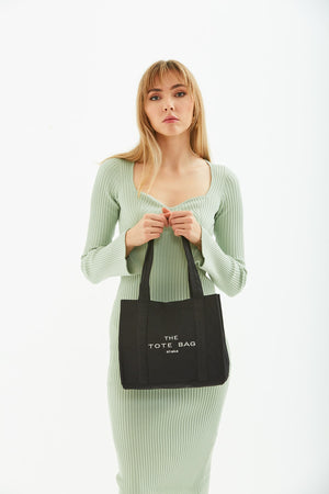 Black U45 Snap Closure The Tote Bag Embroidered Canvas Fabric Casual Women'S Arm And Shoulder Bag 25X3