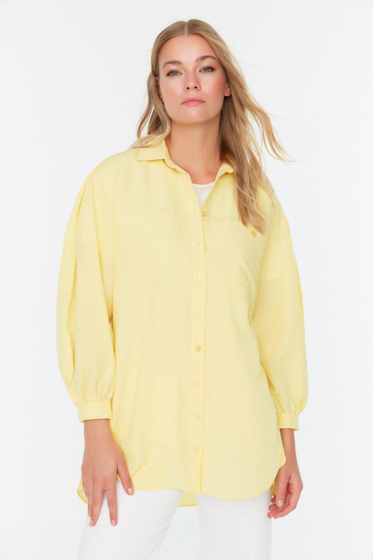 Yellow Balloon Back Sleeve Long Pocket Detailed Basic Woven Shirt TCTSS21GO0976 - Swordslife