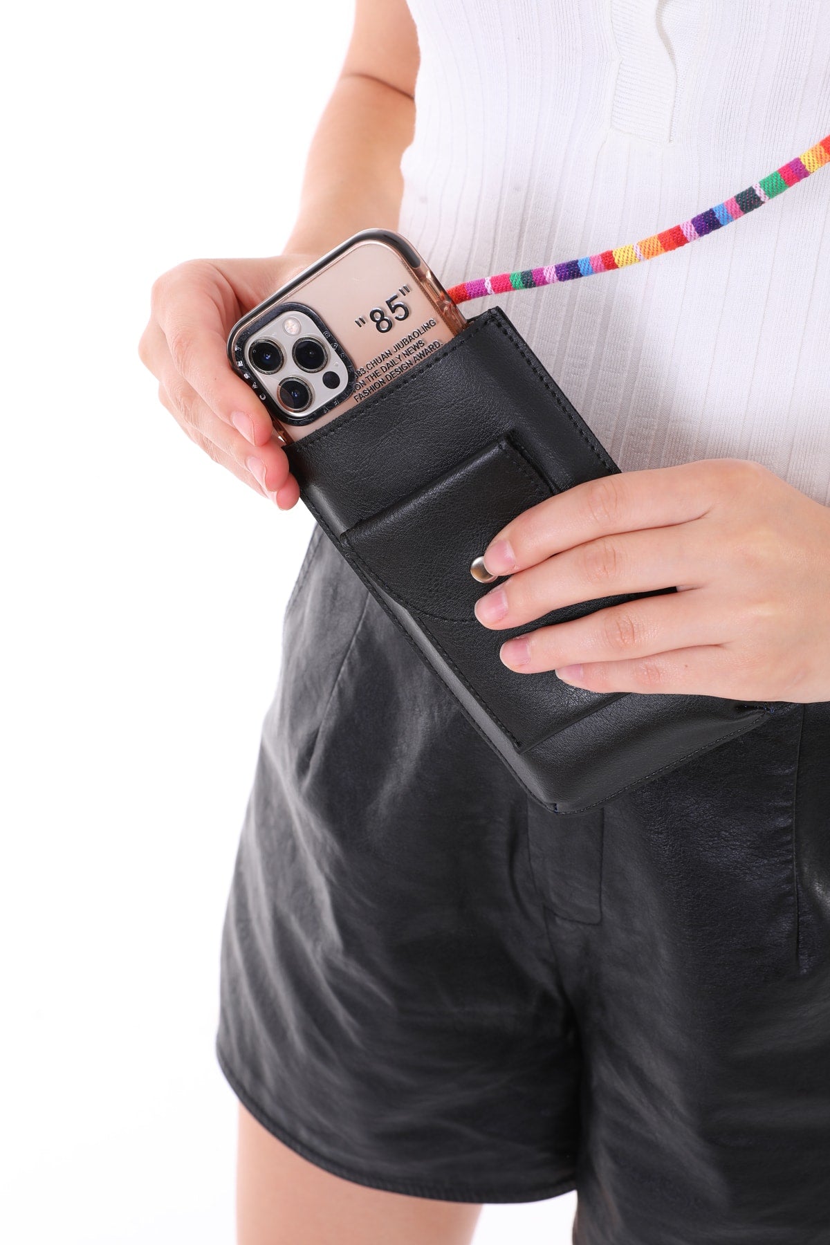 Black Color, Colorful Strap Shoulder Bag Cell Phone Bag Card Holder