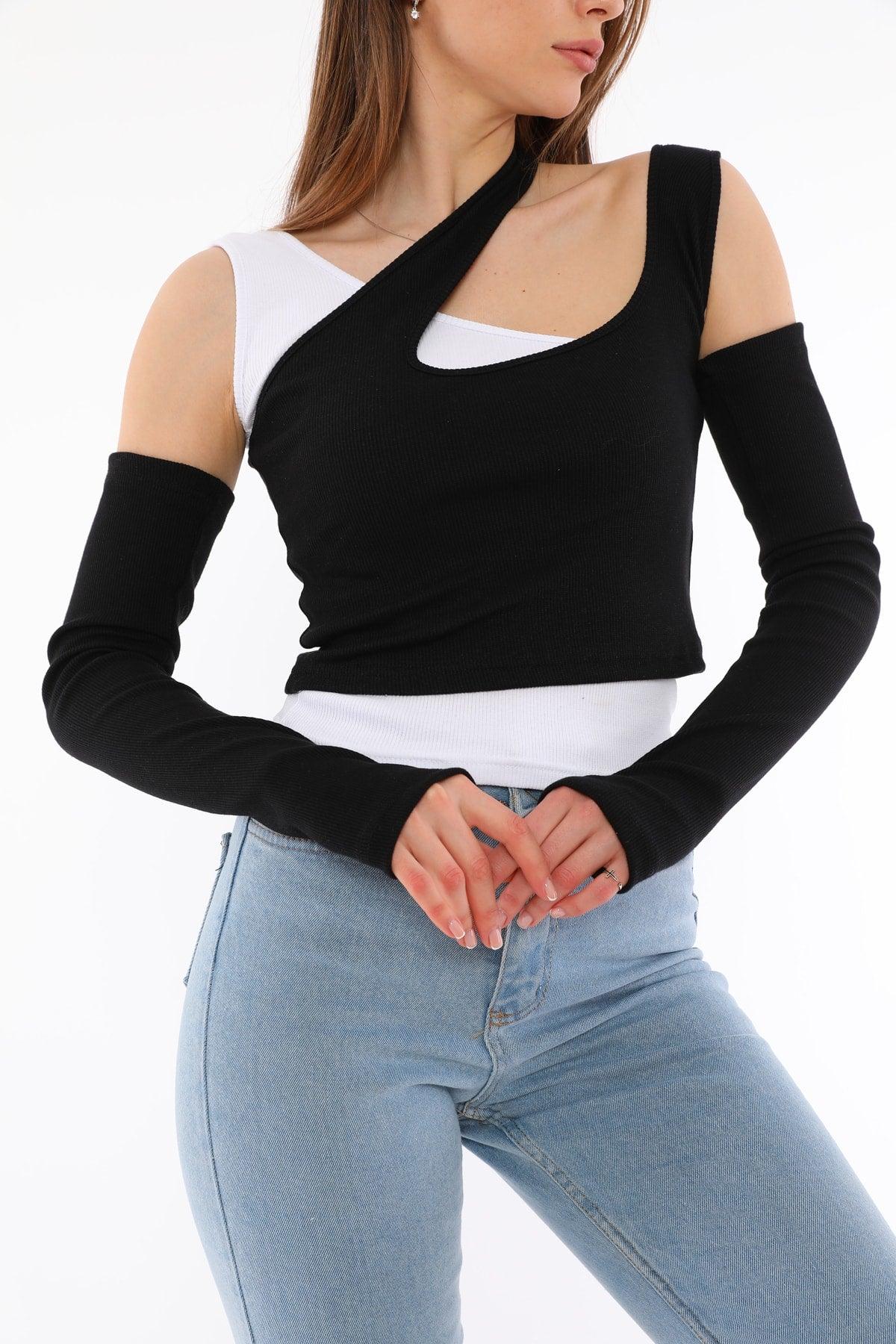 Double Crop Blouse Black White - Swordslife