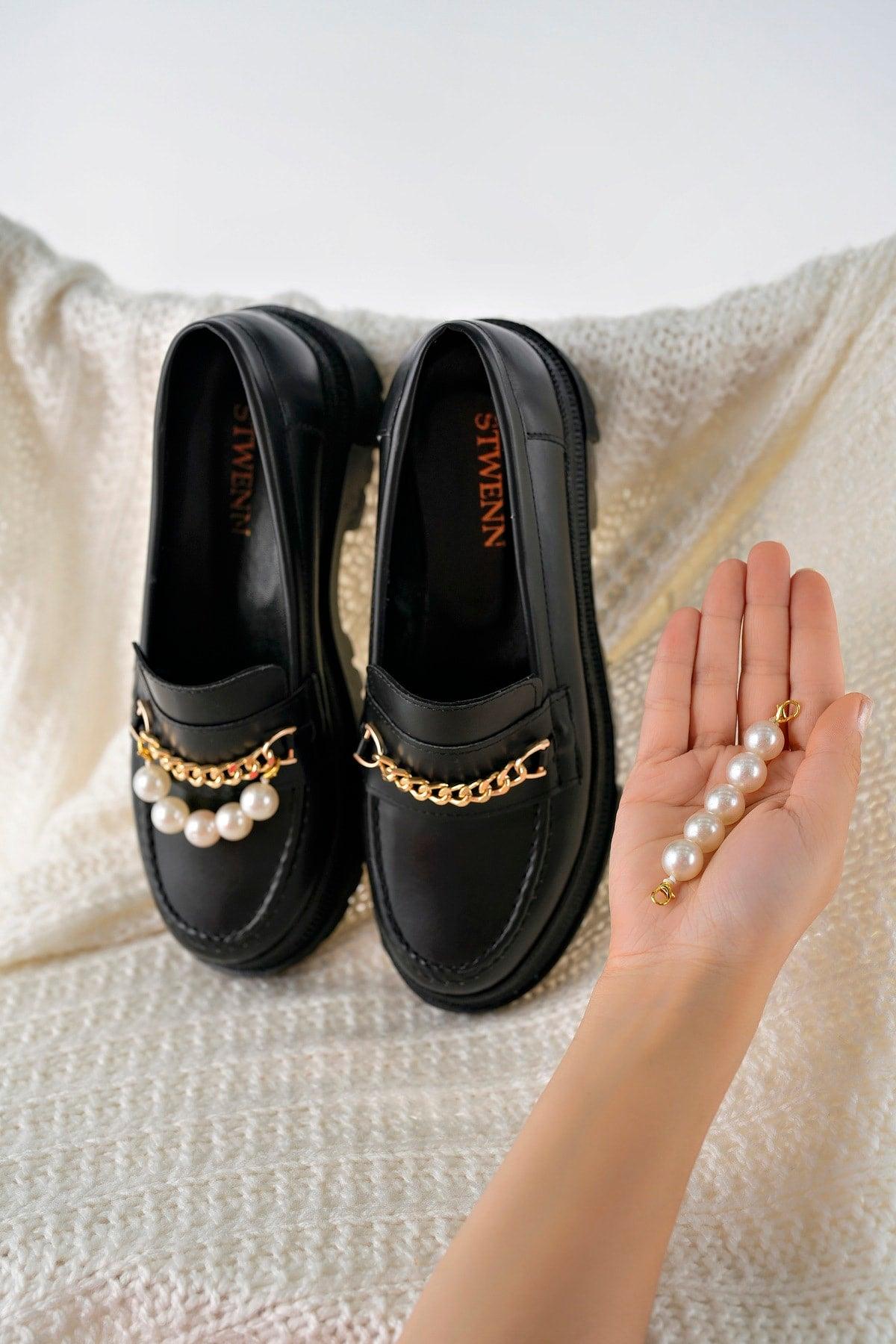 Women's Thick Sole Loafer Loafers Black With Pearls - Swordslife
