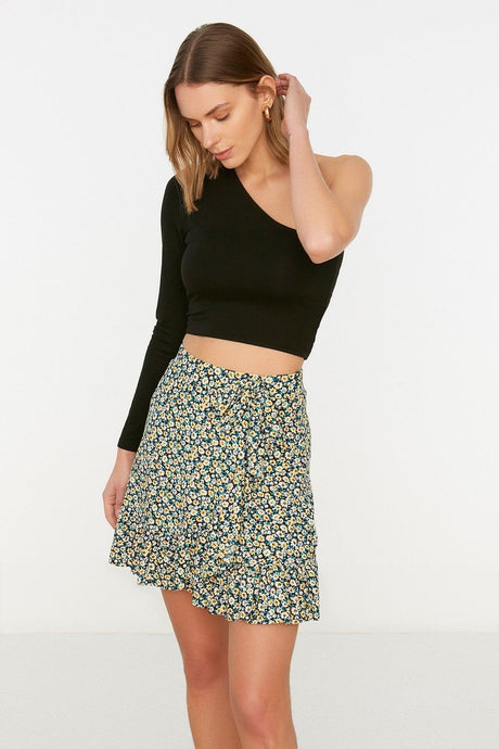 Dark Navy Printed Ruffle High Waist Mini Stretch Knitted Skirt TWOSS21ET0010 - Swordslife