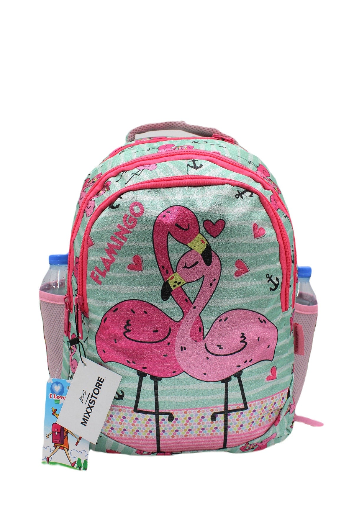 Sim Flamingo Patterned Green Color Backpack Primary School Bag Set For Girls With Food And Pencil Holder
