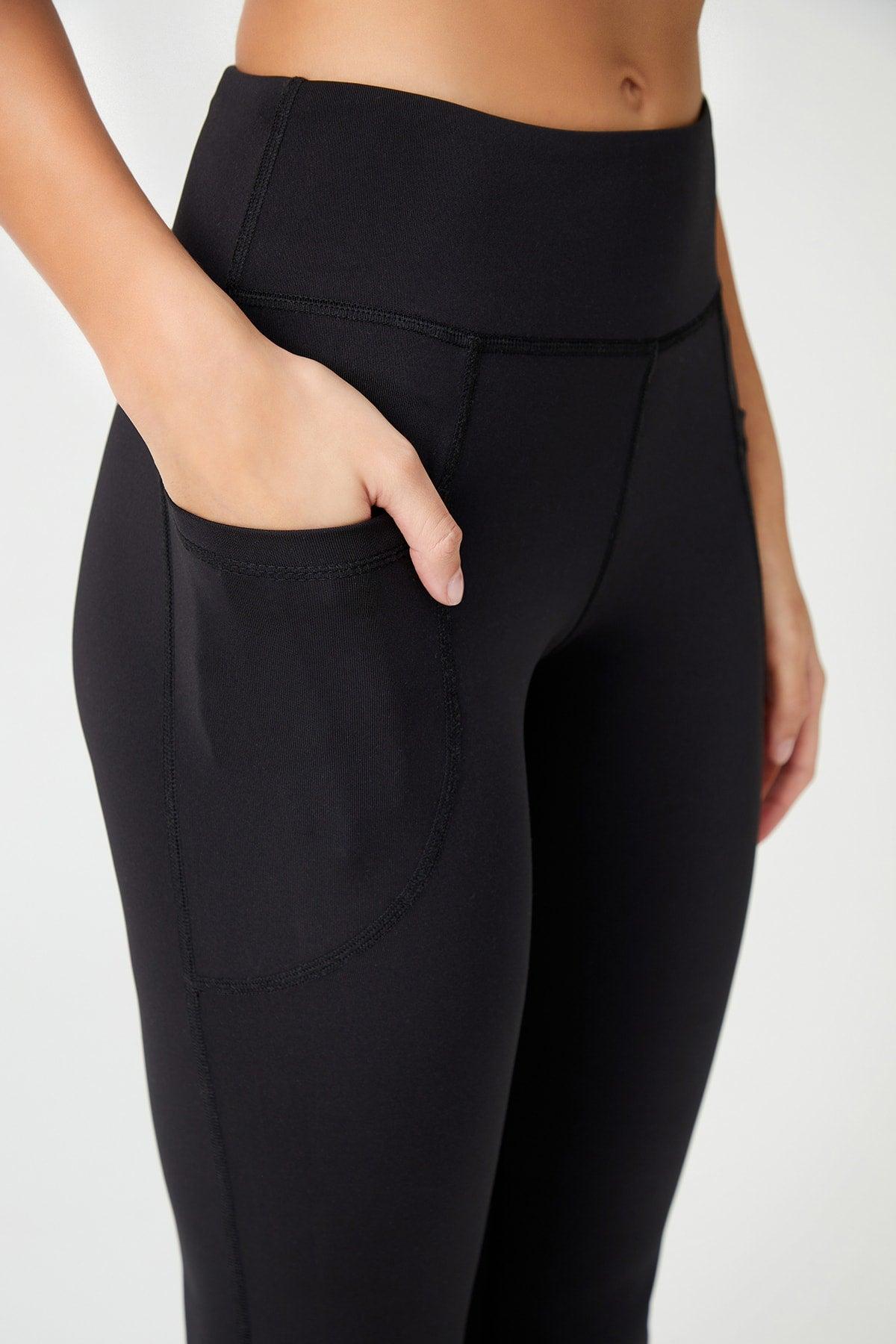 Women's Black High Waist Slimmer Double Pocket Spanish Leg Leggings Bootcut - Swordslife