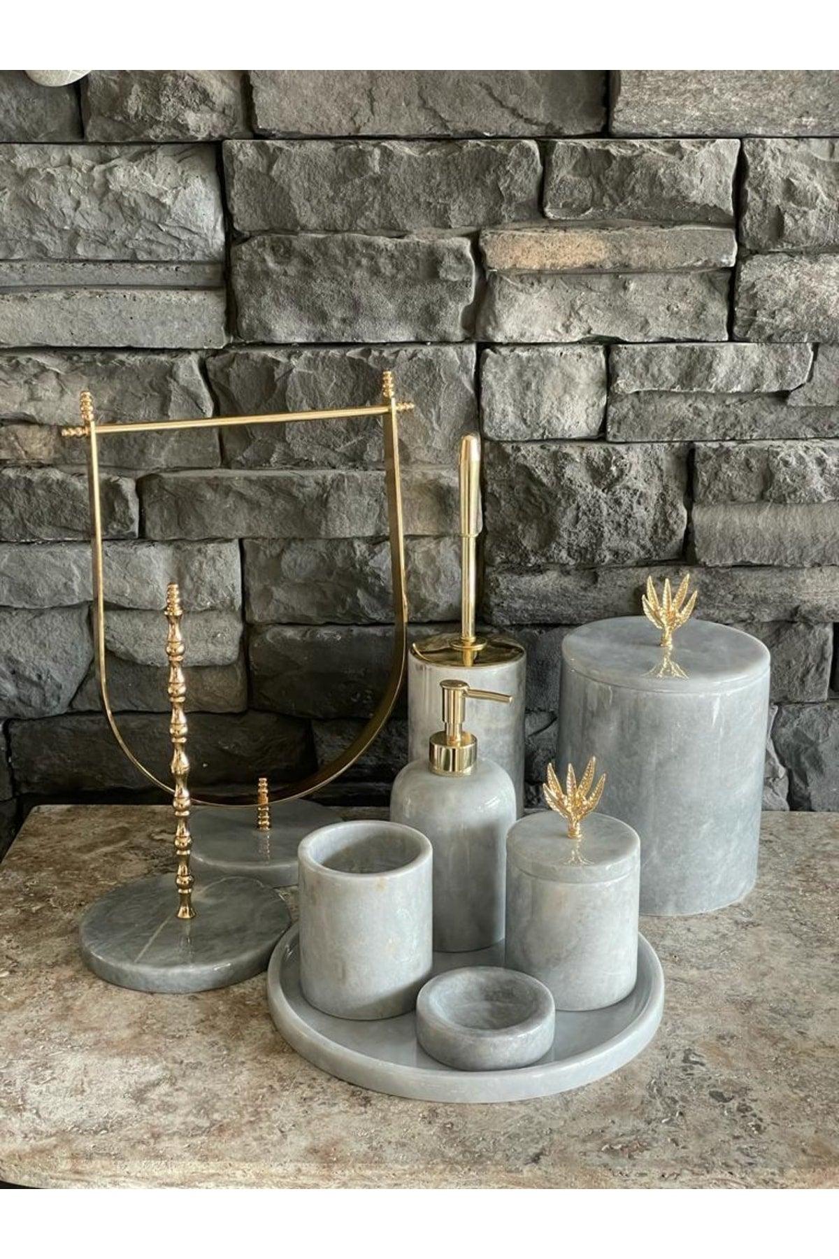 Gray Natural Marble Gold Olive Branch Accessory 9 Pcs Bathroom Set - Swordslife