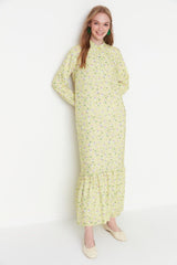 Light Yellow Floral Half Pat Skirt Frilly Wide Pattern Woven Dress TCTSS21EL3353 - Swordslife